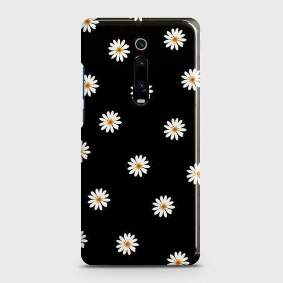 Xiaomi Mi 9T Cover - Matte Finish - White Bloom Flowers with Black Background Printed Hard Case with Life Time Colors Guarantee