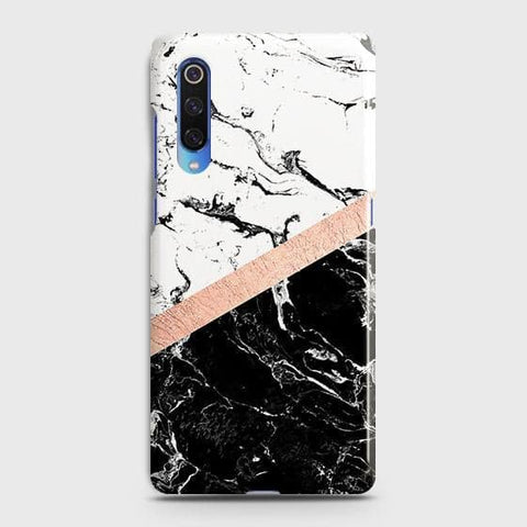 Xiaomi Mi 9 Cover - Black & White Marble With Chic RoseGold Strip Case with Life Time Colors Guarantee