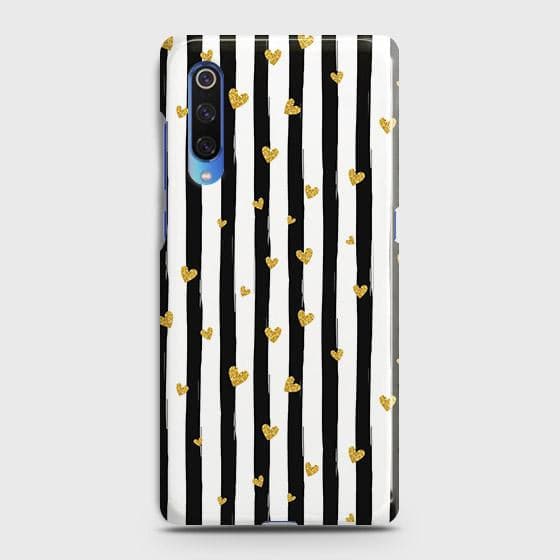 Xiaomi Mi 9 Cover - Trendy Black & White Lining With Golden Hearts Printed Hard Case with Life Time Colors Guarantee