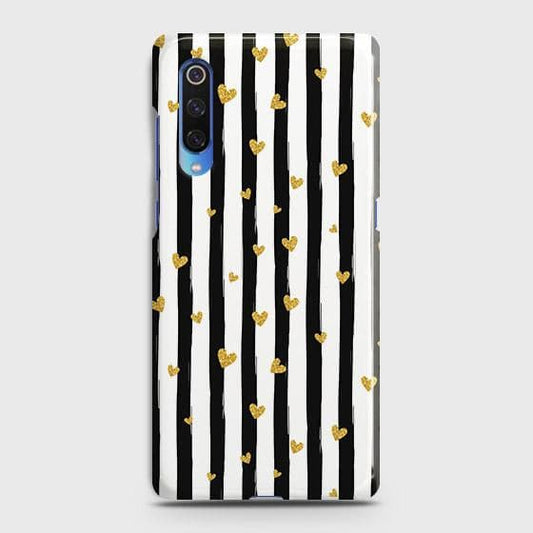 Xiaomi Mi 9 Cover - Trendy Black & White Lining With Golden Hearts Printed Hard Case with Life Time Colors Guarantee