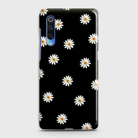 Xiaomi Mi 9 Cover - Matte Finish - White Bloom Flowers with Black Background Printed Hard Case with Life Time Colors Guarantee