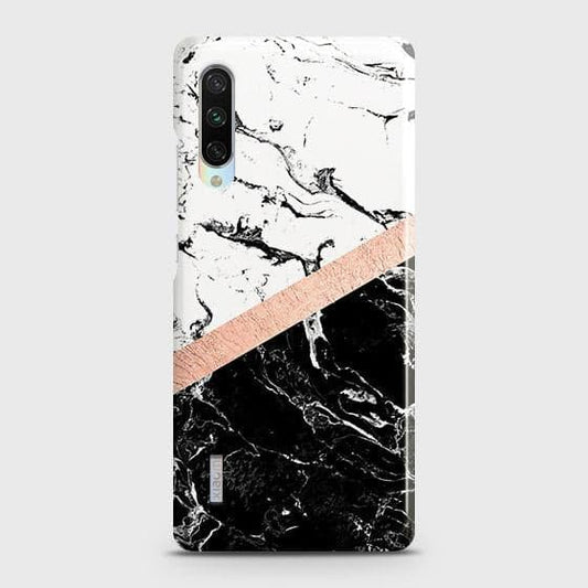 Xiaomi Mi A3 Cover - Black & White Marble With Chic RoseGold Strip Case with Life Time Colors Guarantee