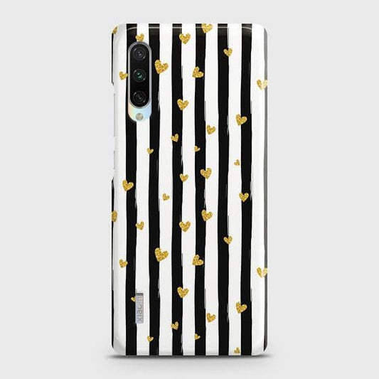 Xiaomi Mi A3 Cover - Trendy Black & White Lining With Golden Hearts Printed Hard Case with Life Time Colors Guarantee