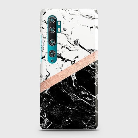 Xiaomi Mi Note 10 Cover - Black & White Marble With Chic RoseGold Strip Case with Life Time Colors Guarantee