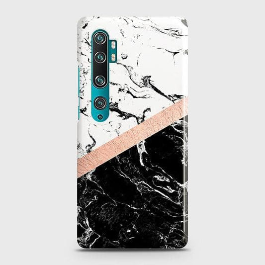 Xiaomi Mi Note 10 Pro Cover - Black & White Marble With Chic RoseGold Strip Case with Life Time Colors Guarantee