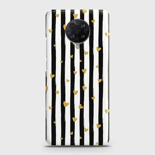 Xiaomi Poco F2 Pro Cover - Trendy Black & White Lining With Golden Hearts Printed Hard Case with Life Time Colors Guarantee