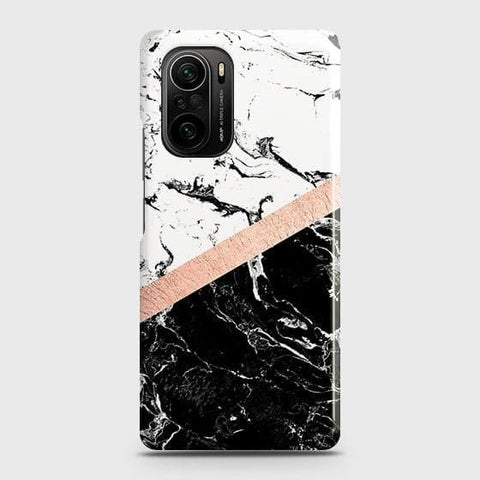 Xiaomi Poco F3 Cover - Black & White Marble With Chic RoseGold Strip Case with Life Time Colors Guarantee B73
