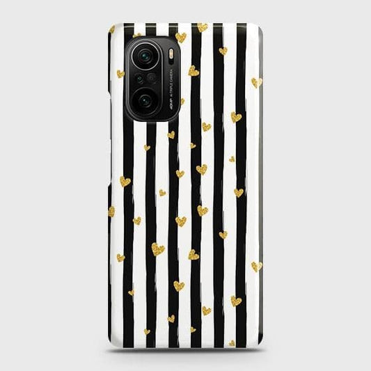 Xiaomi Poco F3 Cover - Trendy Black & White Lining With Golden Hearts Printed Hard Case with Life Time Colors Guarantee