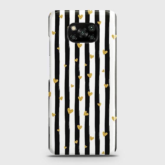Xiaomi Poco X3 Pro Cover - Trendy Black & White Lining With Golden Hearts Printed Hard Case with Life Time Colors Guarantee