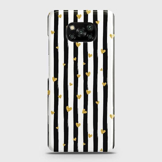 Xiaomi Poco X3 Pro Cover - Trendy Black & White Lining With Golden Hearts Printed Hard Case with Life Time Colors Guarantee