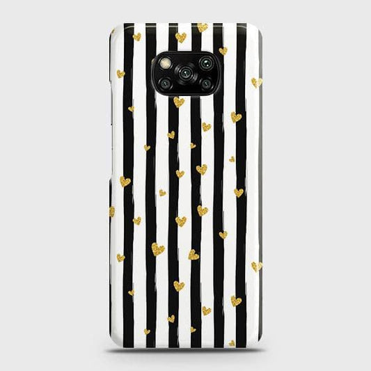 Xiaomi Poco X3 Cover - Trendy Black & White Lining With Golden Hearts Printed Hard Case with Life Time Colors Guarantee