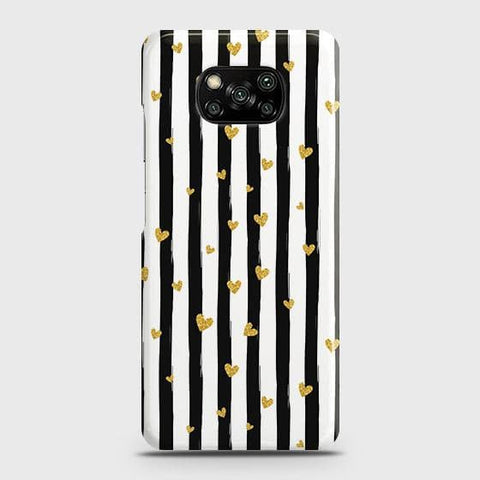 Xiaomi Poco X3 Cover - Trendy Black & White Lining With Golden Hearts Printed Hard Case with Life Time Colors Guarantee