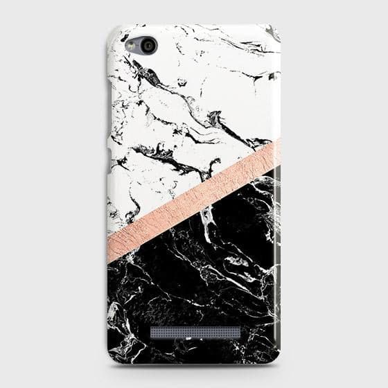 Xiaomi Redmi 4A Cover - Black & White Marble With Chic RoseGold Strip Case with Life Time Colors Guarantee