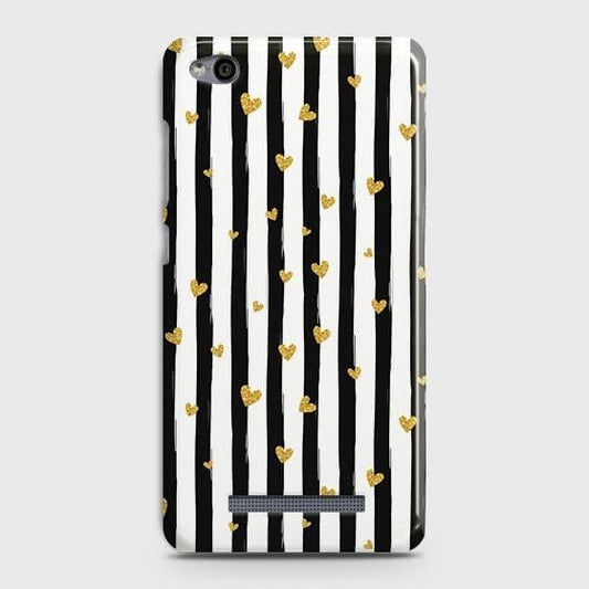 Xiaomi Redmi 4A Cover - Trendy Black & White Lining With Golden Hearts Printed Hard Case with Life Time Colors Guarantee
