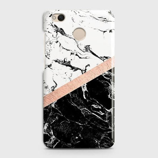 Xiaomi Redmi 4 / 4X Cover - Black & White Marble With Chic RoseGold Strip Case with Life Time Colors Guarantee