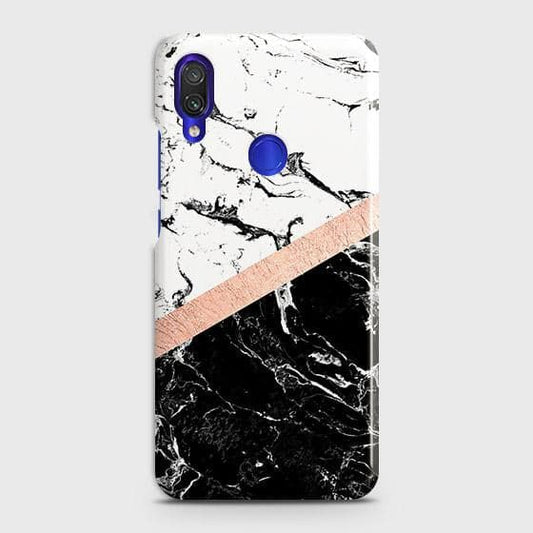 Xiaomi Redmi 7 Cover - Black & White Marble With Chic RoseGold Strip Case with Life Time Colors Guarantee