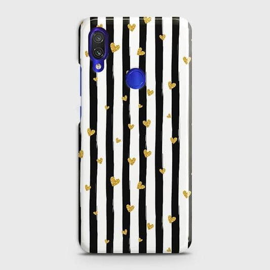 Xiaomi Redmi 7 Cover - Trendy Black & White Lining With Golden Hearts Printed Hard Case with Life Time Colors Guarantee