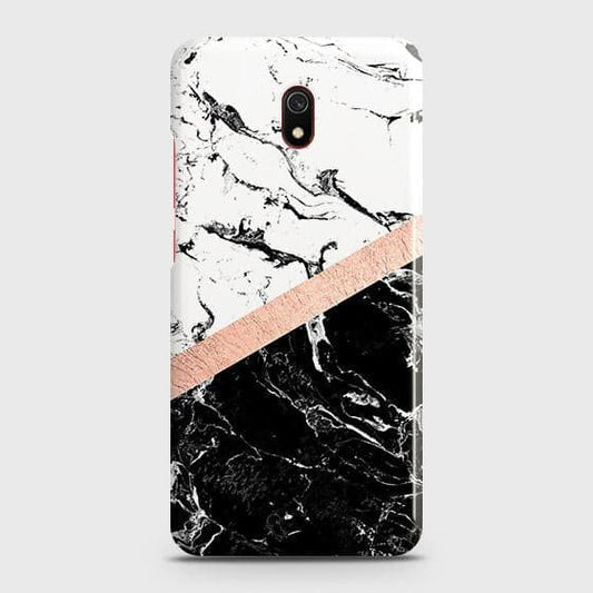 Xiaomi Redmi 8A Cover - Black & White Marble With Chic RoseGold Strip Case with Life Time Colors Guarantee(1)