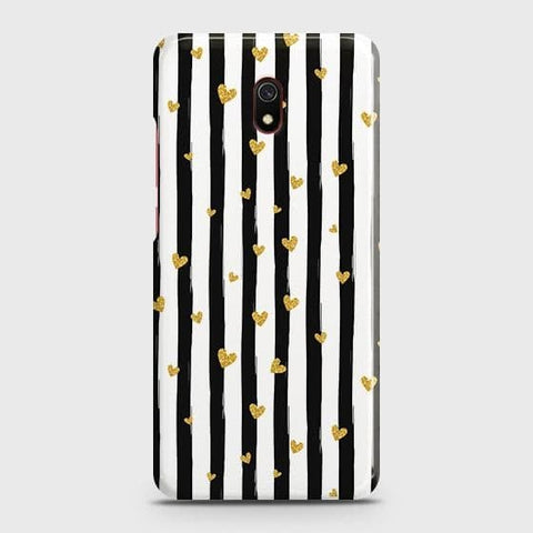 Xiaomi Redmi 8A Cover - Trendy Black & White Lining With Golden Hearts Printed Hard Case with Life Time Colors Guarantee