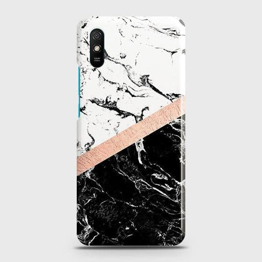 Xiaomi Redmi 9A Cover - Black & White Marble With Chic RoseGold Strip Case with Life Time Colors Guarantee