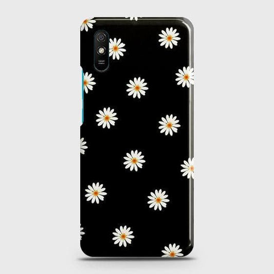 Xiaomi Redmi 9A Cover - Matte Finish - White Bloom Flowers with Black Background Printed Hard Case with Life Time Colors Guarantee