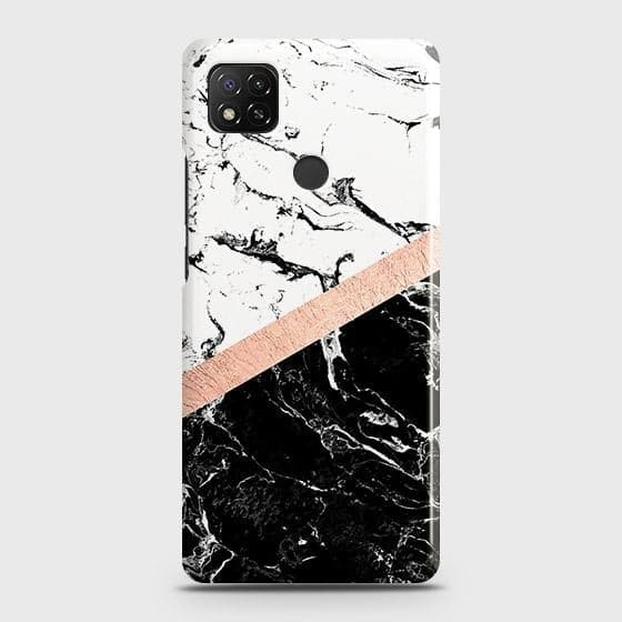 Xiaomi Redmi 9C -  Black & White Marble With Chic RoseGold Strip Printed Hard Case with Life Time Colors Guarantee