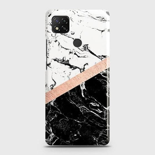 Xiaomi Redmi 9C -  Black & White Marble With Chic RoseGold Strip Printed Hard Case with Life Time Colors Guarantee
