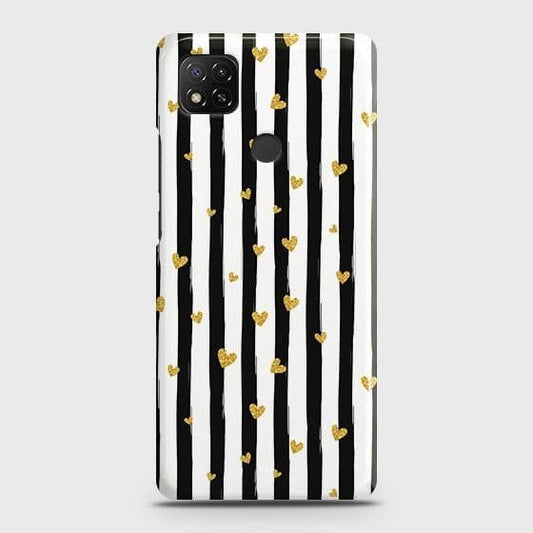 Xiaomi Redmi 10A Cover - Trendy Black & White Lining With Golden Hearts Printed Hard Case with Life Time Colors Guarantee ( Fast Delivery )