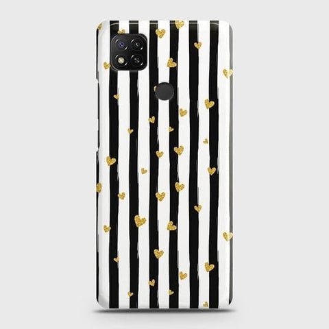 Xiaomi Redmi 10A Cover - Trendy Black & White Lining With Golden Hearts Printed Hard Case with Life Time Colors Guarantee ( Fast Delivery )