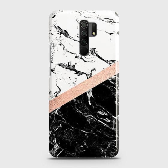 Xiaomi Redmi 9 Cover - Black & White Marble With Chic RoseGold Strip Case with Life Time Colors Guarantee