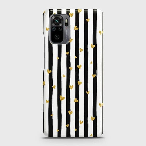 Xiaomi Redmi Note 10S Cover - Trendy Black & White Lining With Golden Hearts Printed Hard Case with Life Time Colors Guarantee