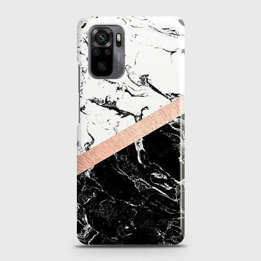 Xiaomi Redmi Note 10 4G Cover - Black & White Marble With Chic RoseGold Strip Case with Life Time Colors Guarantee