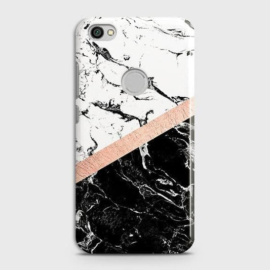Xiaomi Redmi Note 6 Pro Cover - Black & White Marble With Chic RoseGold Strip Case with Life Time Colors Guarantee