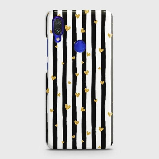 Xiaomi Redmi Note 7 Cover - Trendy Black & White Lining With Golden Hearts Printed Hard Case with Life Time Colors Guarantee