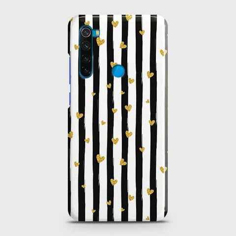Xiaomi Redmi Note 8 Cover - Trendy Black & White Lining With Golden Hearts Printed Hard Case with Life Time Colors Guarantee