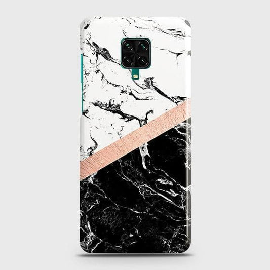 Xiaomi Redmi Note 9 Pro Cover - Black & White Marble With Chic RoseGold Strip Case with Life Time Colors Guarantee