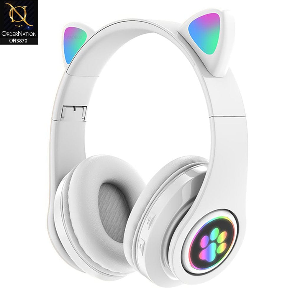B39M STN28 Cute Flash Light Cat Ears Wireless Headphones LED RGB Breathing Gaming Stereo HIFI Bass Foldable Bluetooth Earphones - White