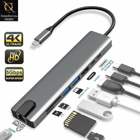 Gray - 8 in1 Multi-Port Type C to USB C 4K HDMI Adapter USB 3.0