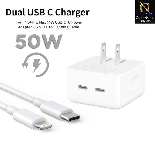 White - iPhone 14 Pro 50W USB-C+C Power Adapter With USB-C To Lightning Cable