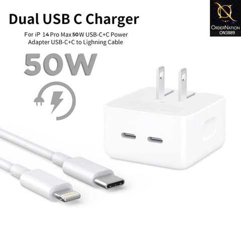 White - 50W USB-C+C Power Adapter With USB-C To Lightning Cable
