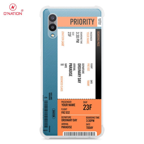 Samsung Galaxy A02 Cover - Personalised Boarding Pass Ticket Series - 5 Designs - Clear Phone Case - Soft Silicon Borders