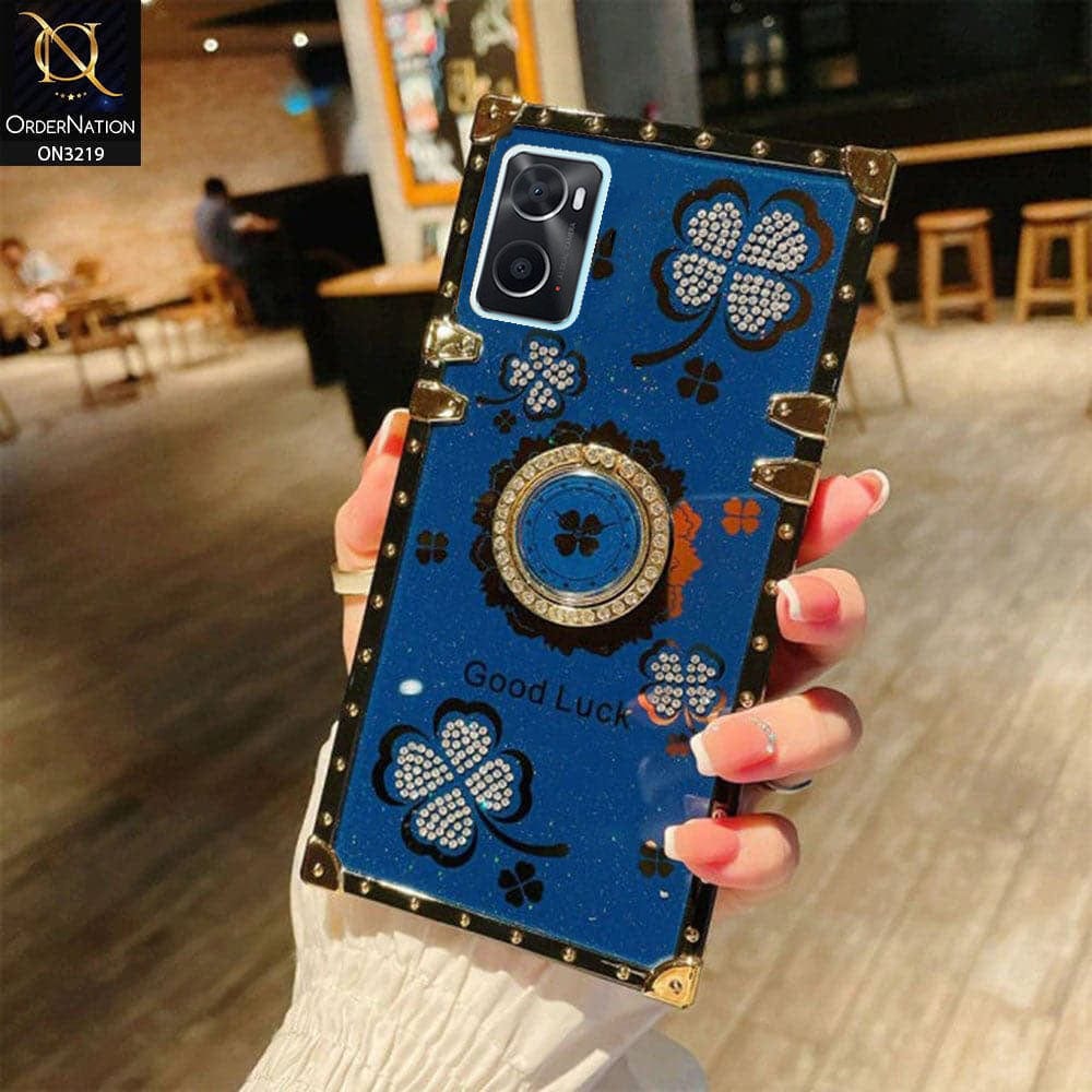 Oppo A36 Cover - Blue - Square Bling Diamond Glitter Soft TPU Trunk Case with Ring Holder