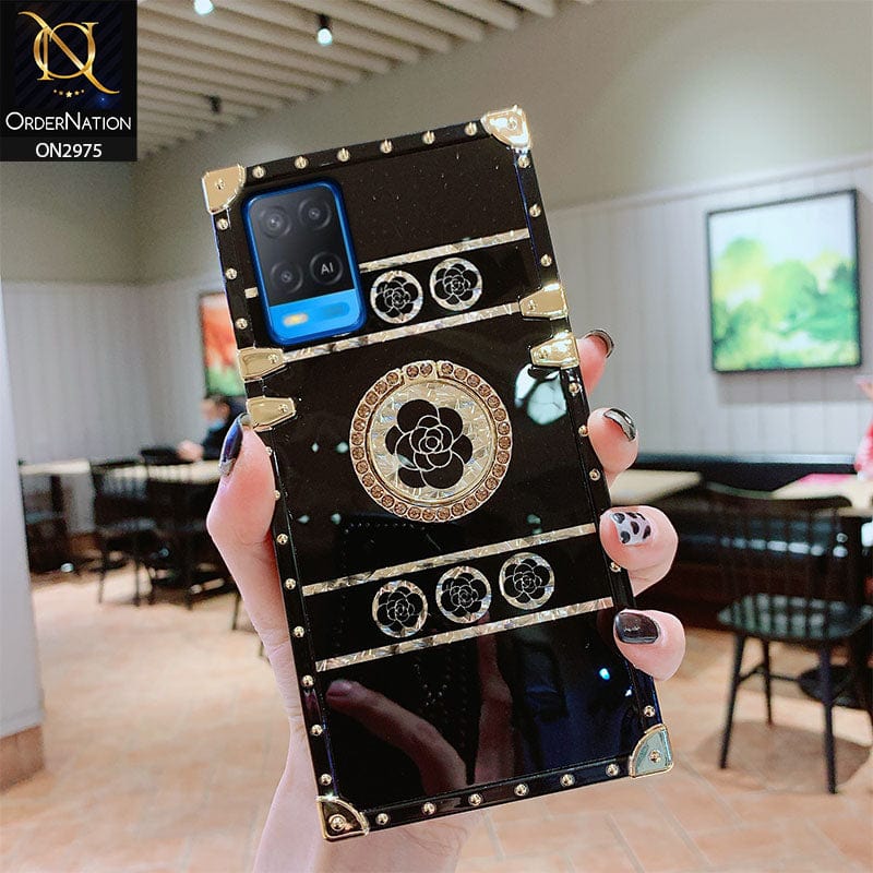 Oppo A16 Cover - Design 1 - 3D illusion Gold Flowers Soft Trunk Case With Ring Holder