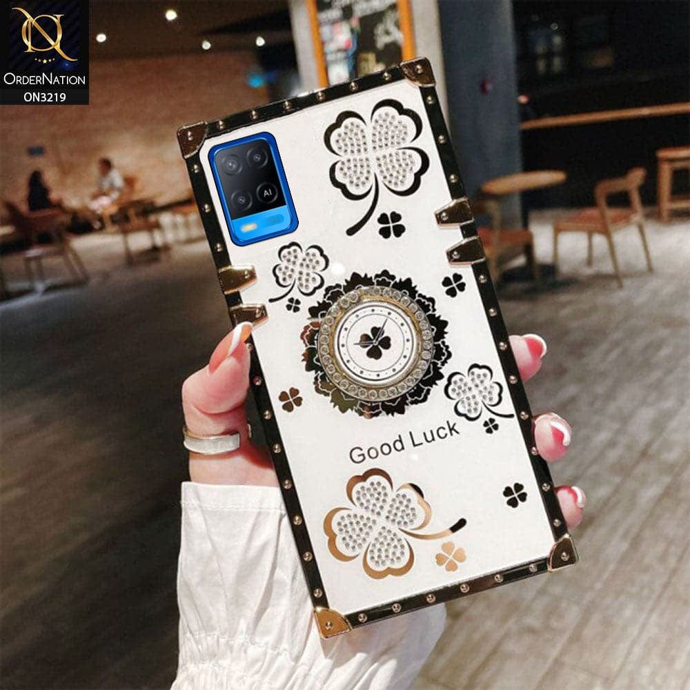 Oppo A54 4G Cover - Ash White - Square Bling Diamond Glitter Soft TPU Trunk Case with Ring Holder