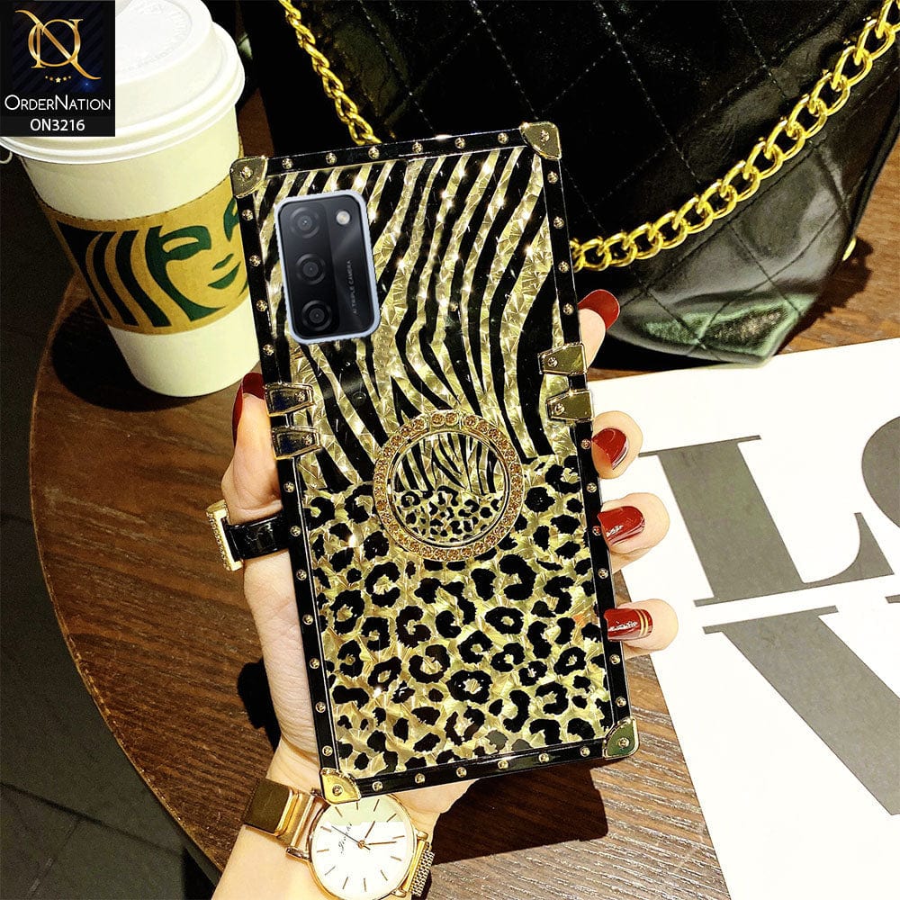 Oppo A55 5G Cover - Design1 - Trendy Stripes Pattern Golden Square Case With Matching Bling Ring Holder