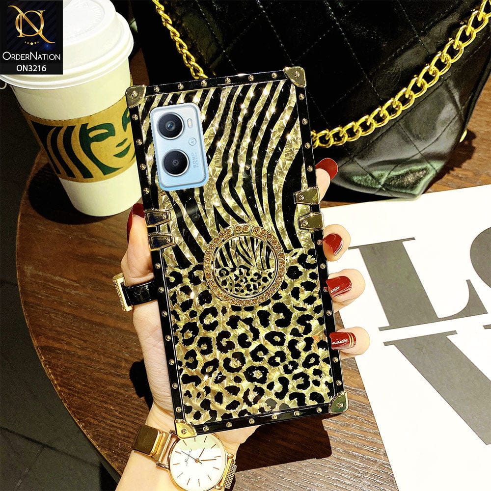 Oppo K10 Cover - Design1 - Trendy Stripes Pattern Golden Square Case With Matching Bling Ring Holder