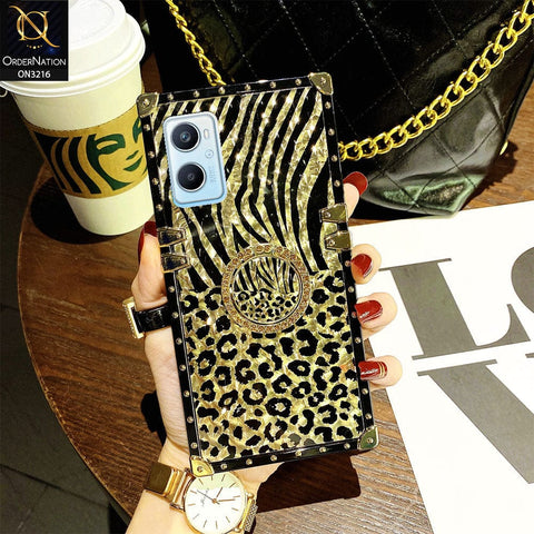 Oppo A76 Cover - Design1 - Trendy Stripes Pattern Golden Square Case With Matching Bling Ring Holder