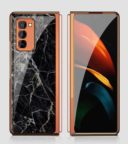 Samsung Galaxy Z Fold 2 5G Cover - Black Marble Series - Premium Electroplated Infinity Ultra Shine Glass Soft Silicon Borders Case
