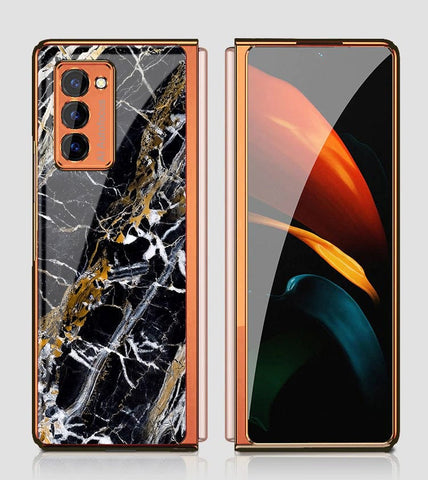 Samsung Galaxy Z Fold 2 5G Cover - Black Marble Series - Premium Electroplated Infinity Ultra Shine Glass Soft Silicon Borders Case