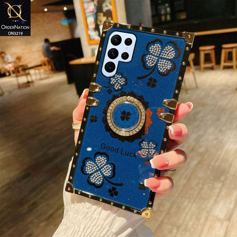 Samsung Galaxy S22 Ultra 5G Cover - Blue - Square Bling Diamond Glitter Soft TPU Trunk Case with Ring Holder
